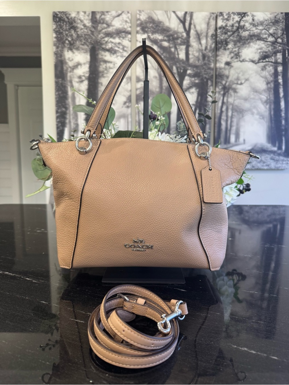 🤎Coach Kacey Satchel Taupe Pebbled Leather Crossbody Bag with Silver Hardware